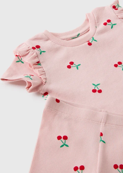 Baby Pink Cherry Ribbed Top & Legging Set ((Newborn-23mths) - Up to 1 Month Image 2