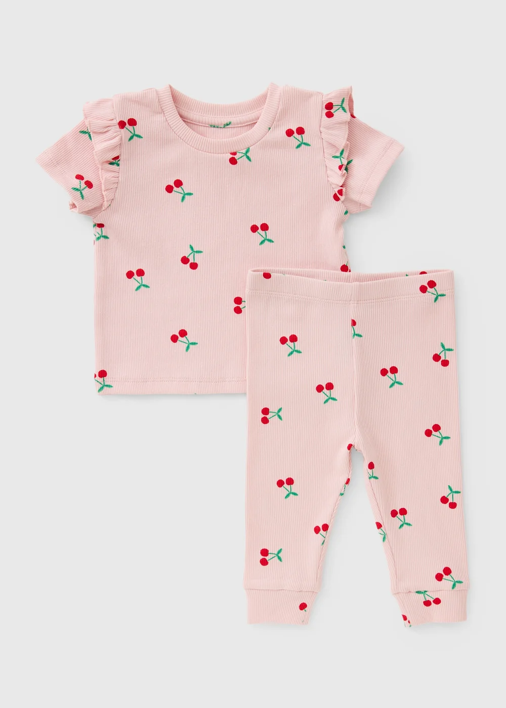 Baby Pink Cherry Ribbed Top & Legging Set ((Newborn-23mths) - Up to 1 Month Image 1