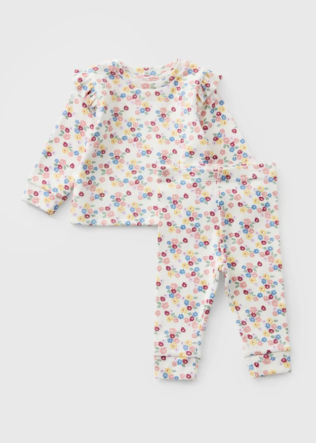 Baby Cream Ribbed Floral Top & Leggings Set (Newborn - 23mths)