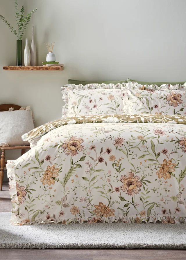 Green Floral Ruffle Duvet Set