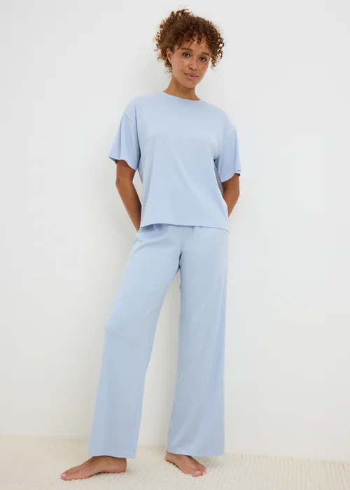 Blue Ribbed Wide Leg Pyjama Set - XS Image 1