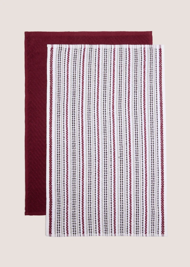 2 Pack Burgundy Stripe Bobble Tea Towels