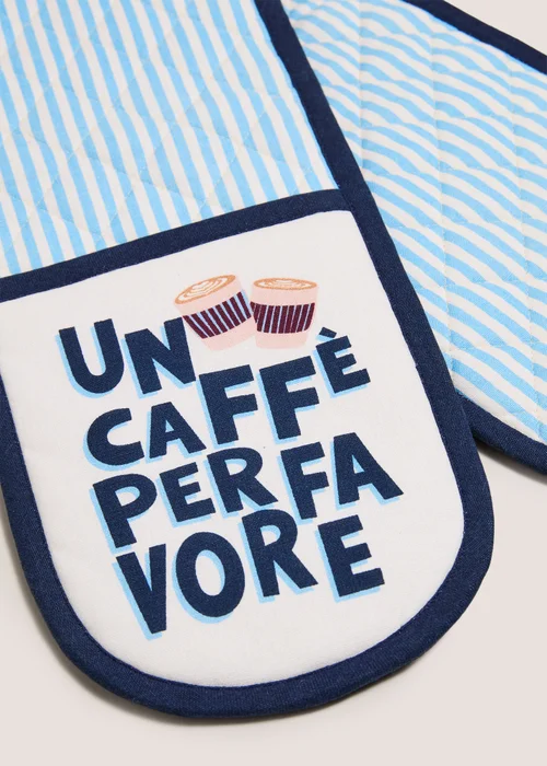 Blue Coffee Print Striped Oven Gloves Image 2