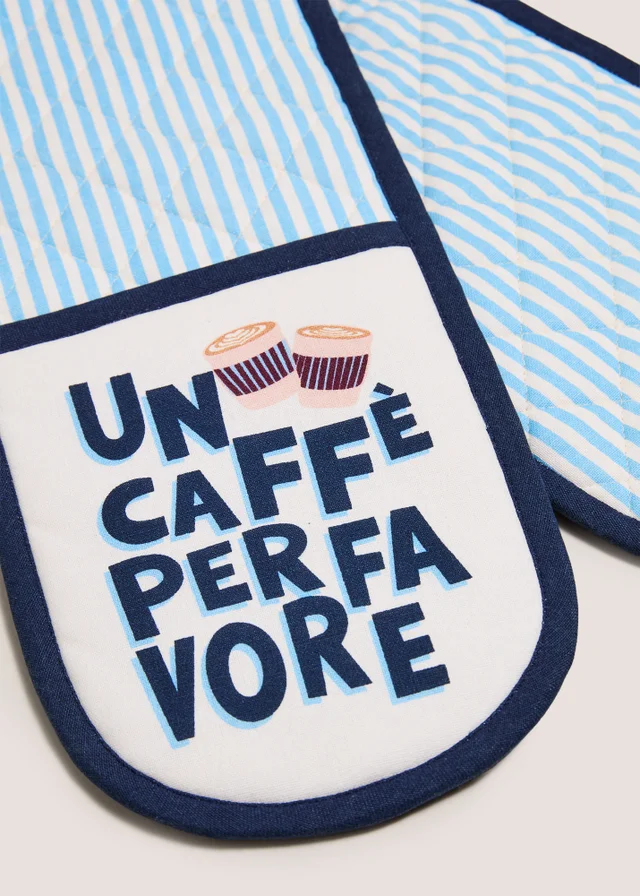Blue Coffee Print Striped Oven Gloves