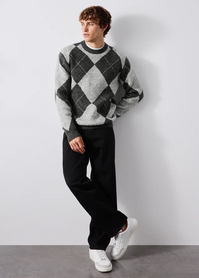 Grey Argyle Crew Neck Jumper