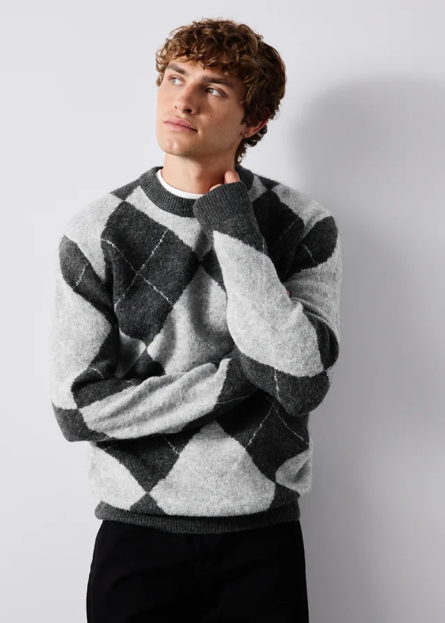 Grey Argyle Crew Neck Jumper