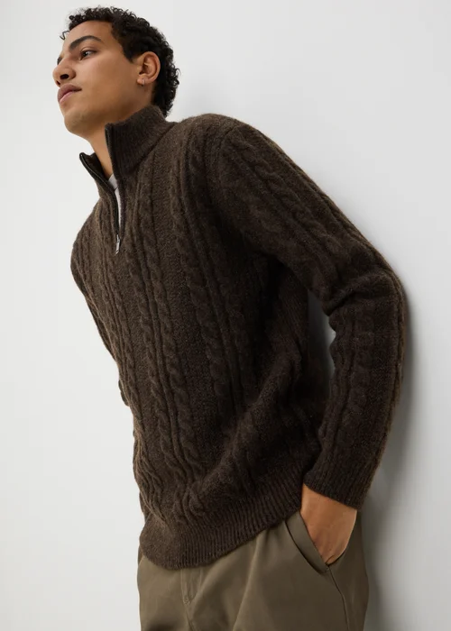 Brown 1/4 Zip Cable Knit Jumper - S Image 1