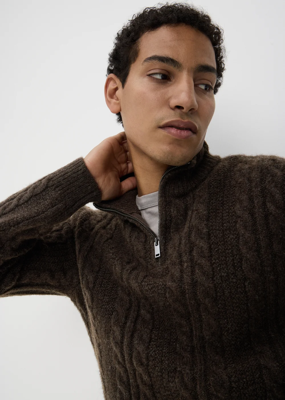 Brown 1/4 Zip Cable Knit Jumper - S Image 2