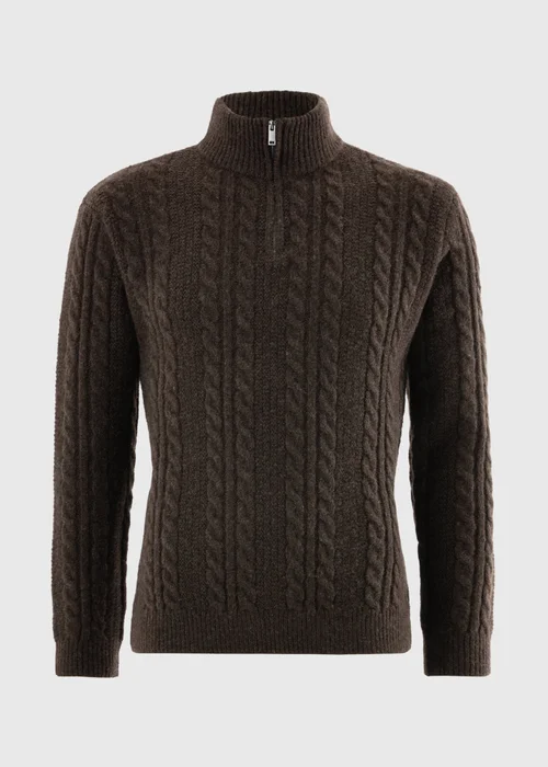 Brown 1/4 Zip Cable Knit Jumper - S Image 3
