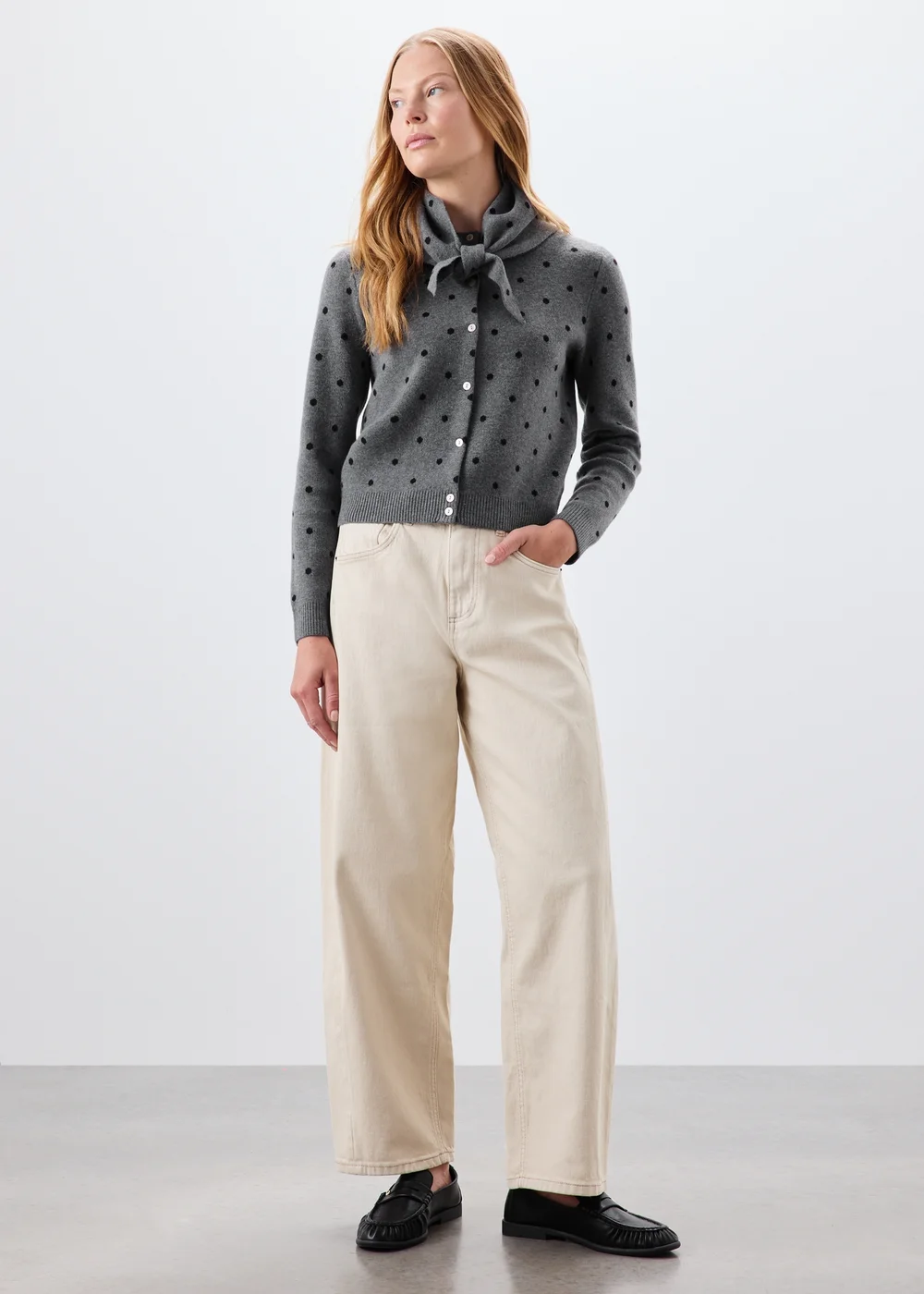Grey Spotted Long Sleeve Cardigan With Detachable Neck Scarf - 8 Image 1