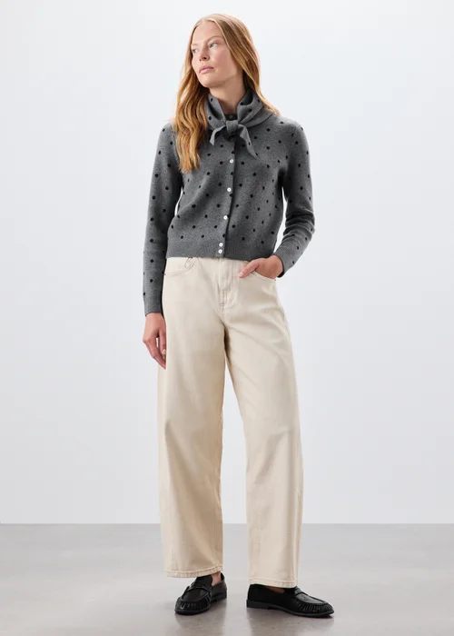 Grey Spotted Long Sleeve Cardigan With Detachable Neck Scarf - 8 Image 1