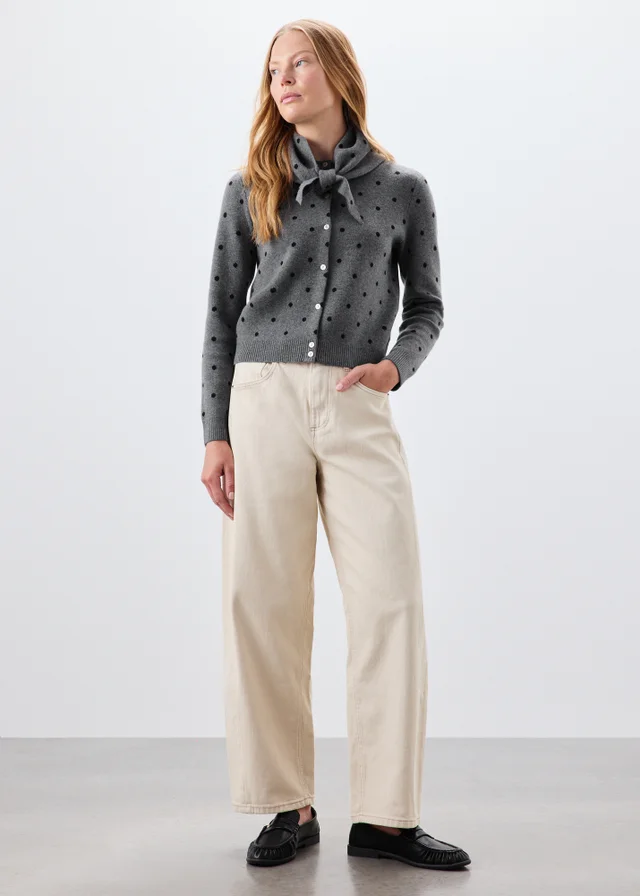 Grey Spotted Long Sleeve Cardigan With Detachable Neck Scarf