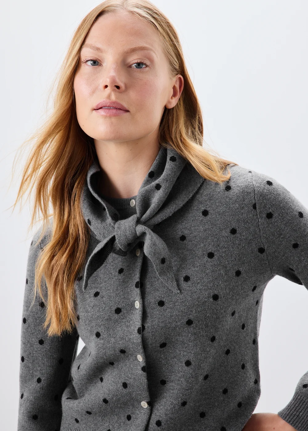Grey Spotted Long Sleeve Cardigan With Detachable Neck Scarf - 8 Image 3