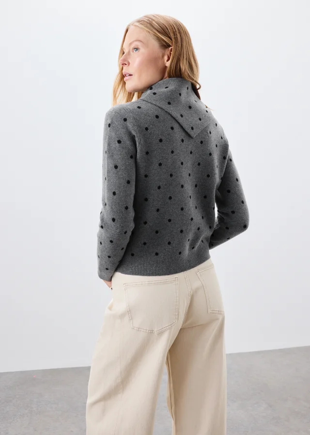 Grey Spotted Long Sleeve Cardigan With Detachable Neck Scarf