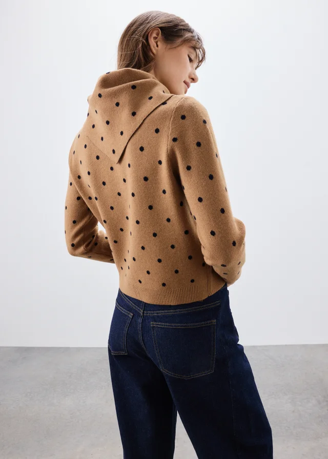 Camel Spotted Long Sleeve Cardigan With Detachable Neck Scarf