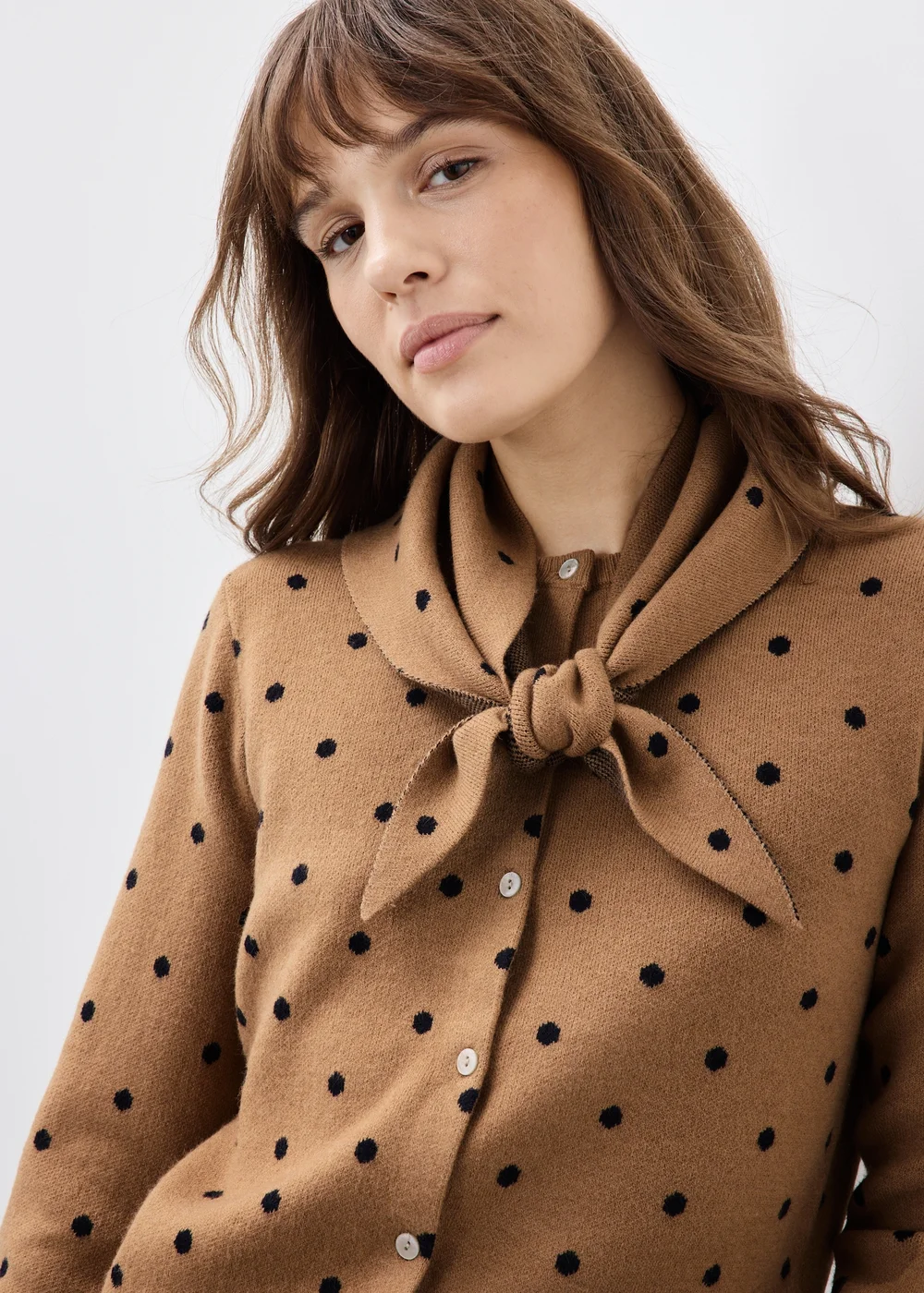Camel Spotted Long Sleeve Cardigan With Detachable Neck Scarf - 8 Image 3