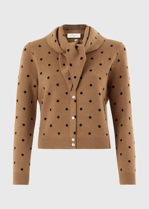 Camel Spotted Long Sleeve Cardigan With Detachable Neck Scarf - 8 Image 4