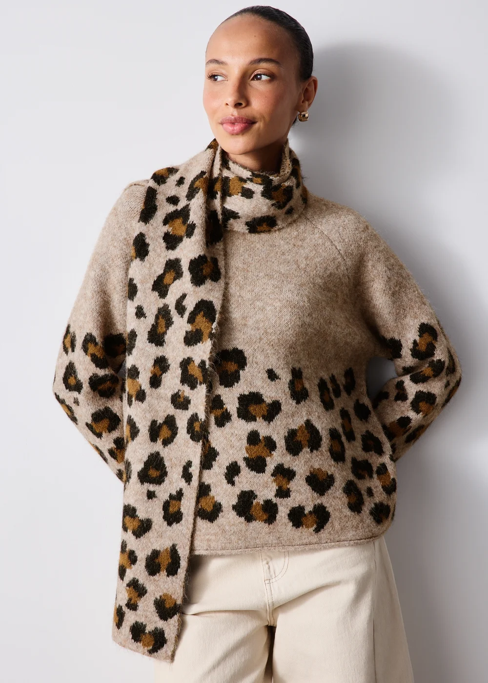 Oatmeal Animal Print Scarf Neck Jumper - XS Image 1