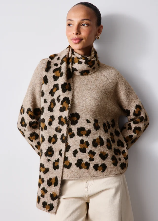 Oatmeal Animal Print Scarf Neck Jumper