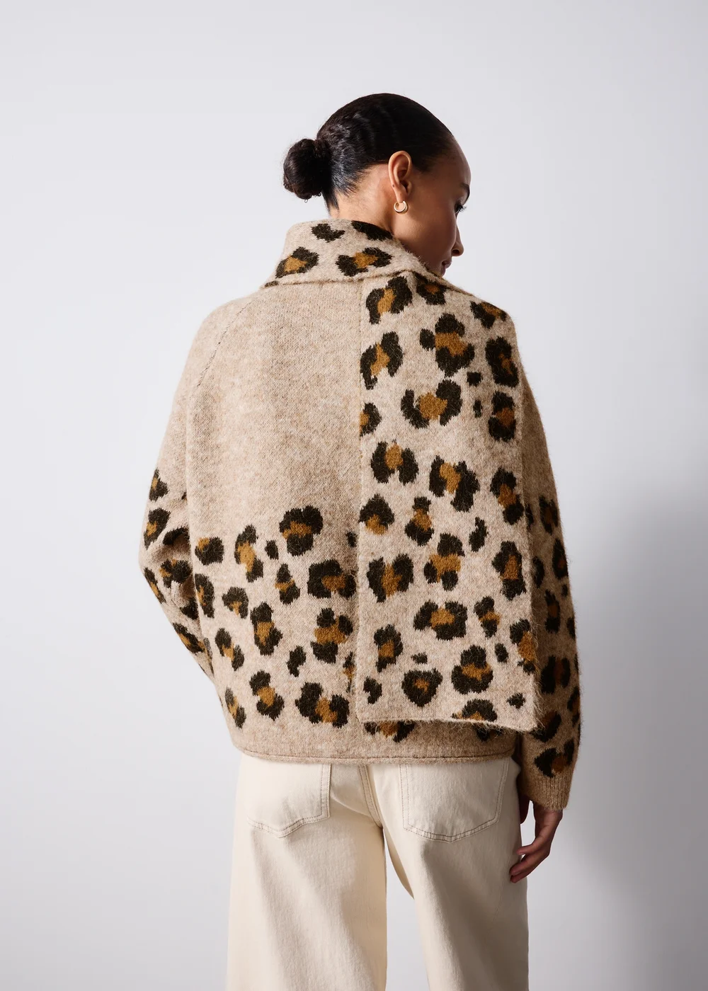 Oatmeal Animal Print Scarf Neck Jumper - XS Image 2