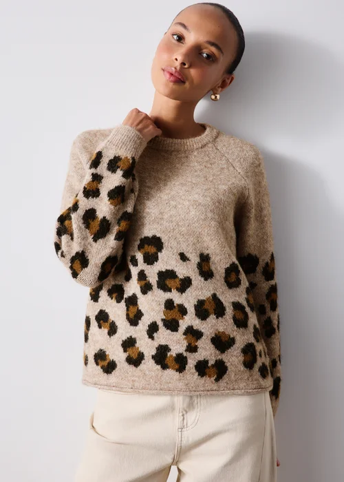 Oatmeal Animal Print Scarf Neck Jumper - XS Image 3