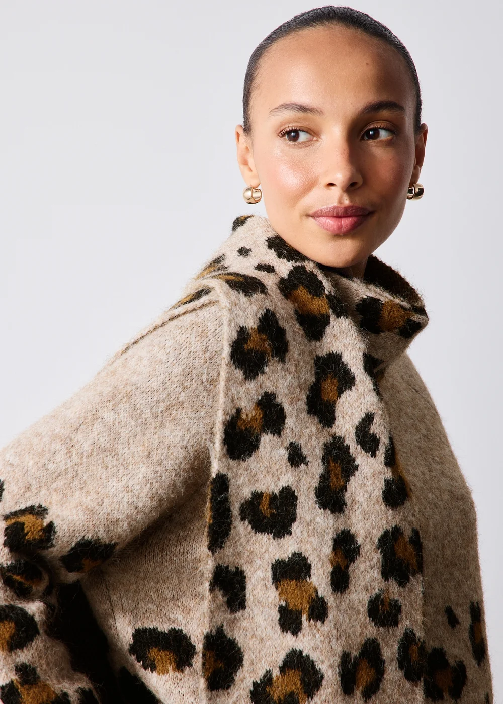 Oatmeal Animal Print Scarf Neck Jumper - XS Image 4