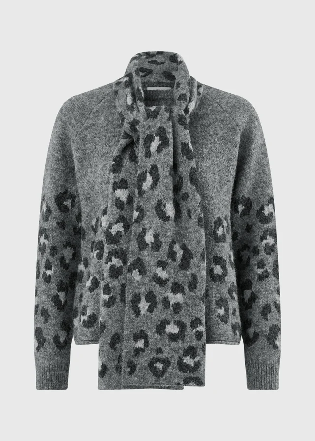 Charcoal Animal Print Scarf Neck Jumper