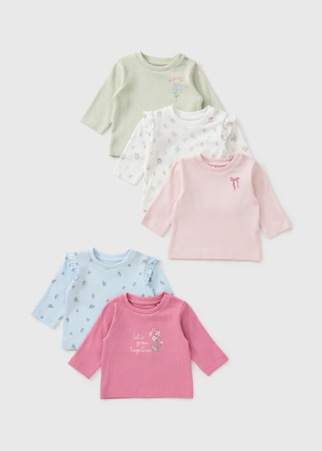 5 Pack Baby Pink Floral T-Shirts (0-23mths)