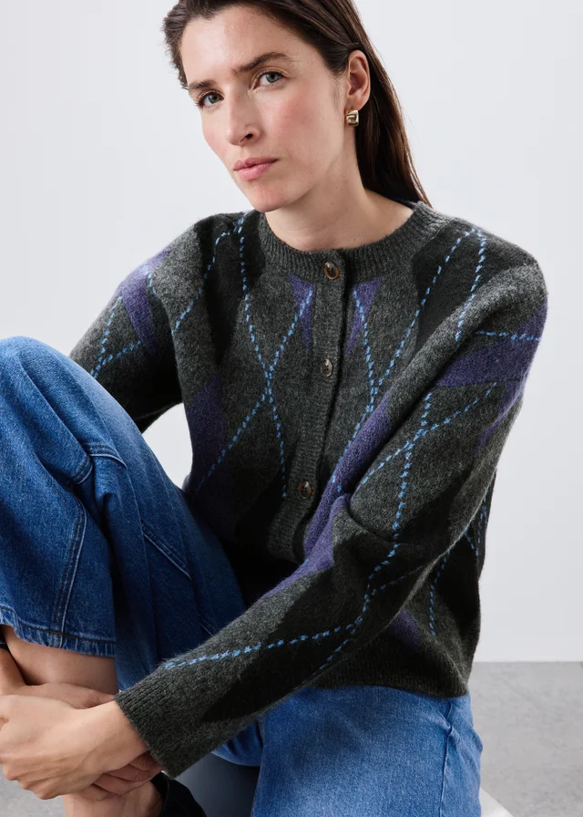 Blue Argyle Crew Neck Cardigan