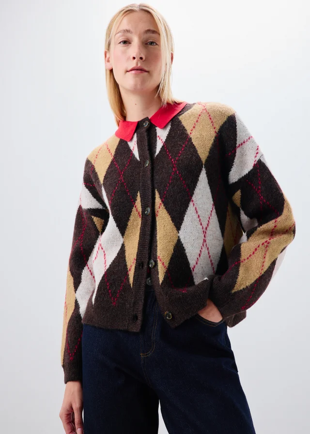 Brown Argyle Crew Neck Button Cardigan