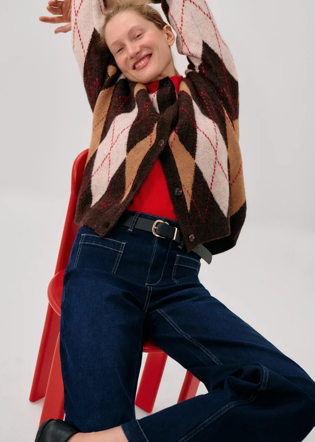 Brown Argyle Crew Neck Button Cardigan