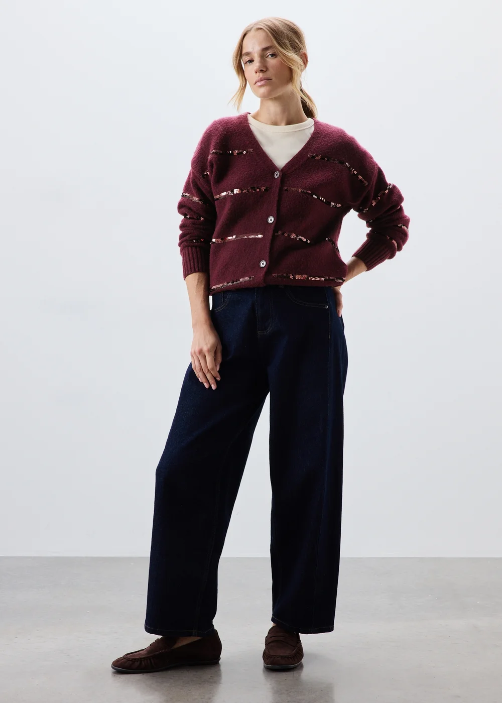 Burgundy Sequin Stripe Cardigan - M Image 3