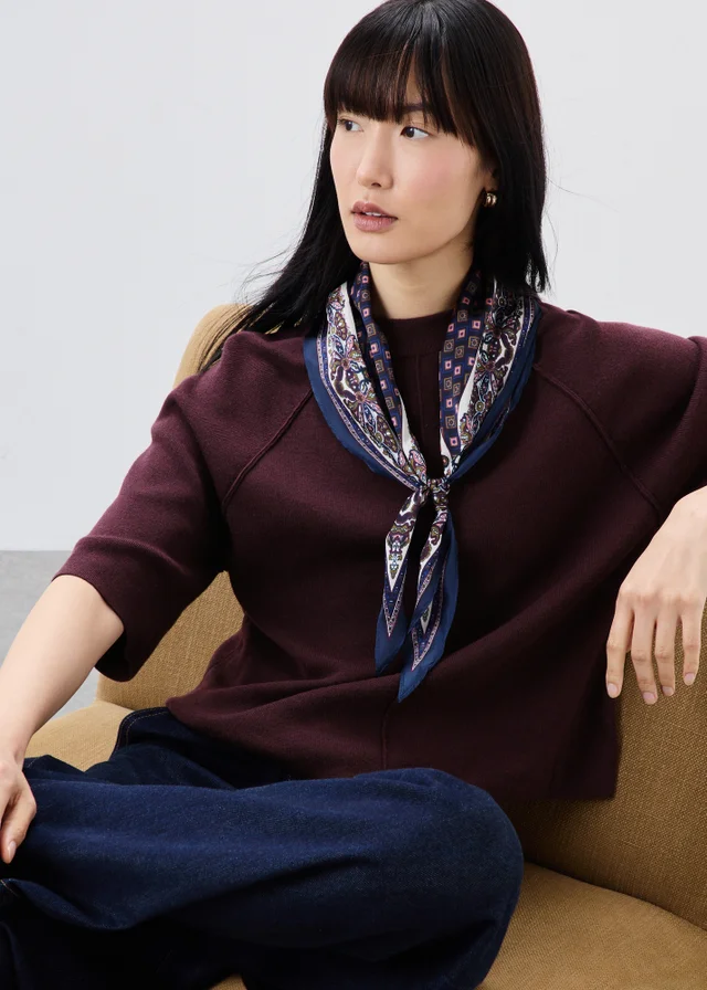 Burgundy Scarf Detail Ribbed Jumper
