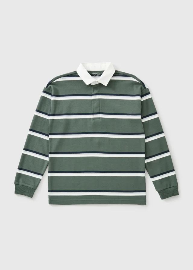 Boys Green Stripe Long Sleeved Rugby Top (7-15 Yrs)