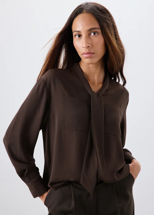 Chocolate Brown Tie Neck Pussy Bow Blouse - 10 Image 1