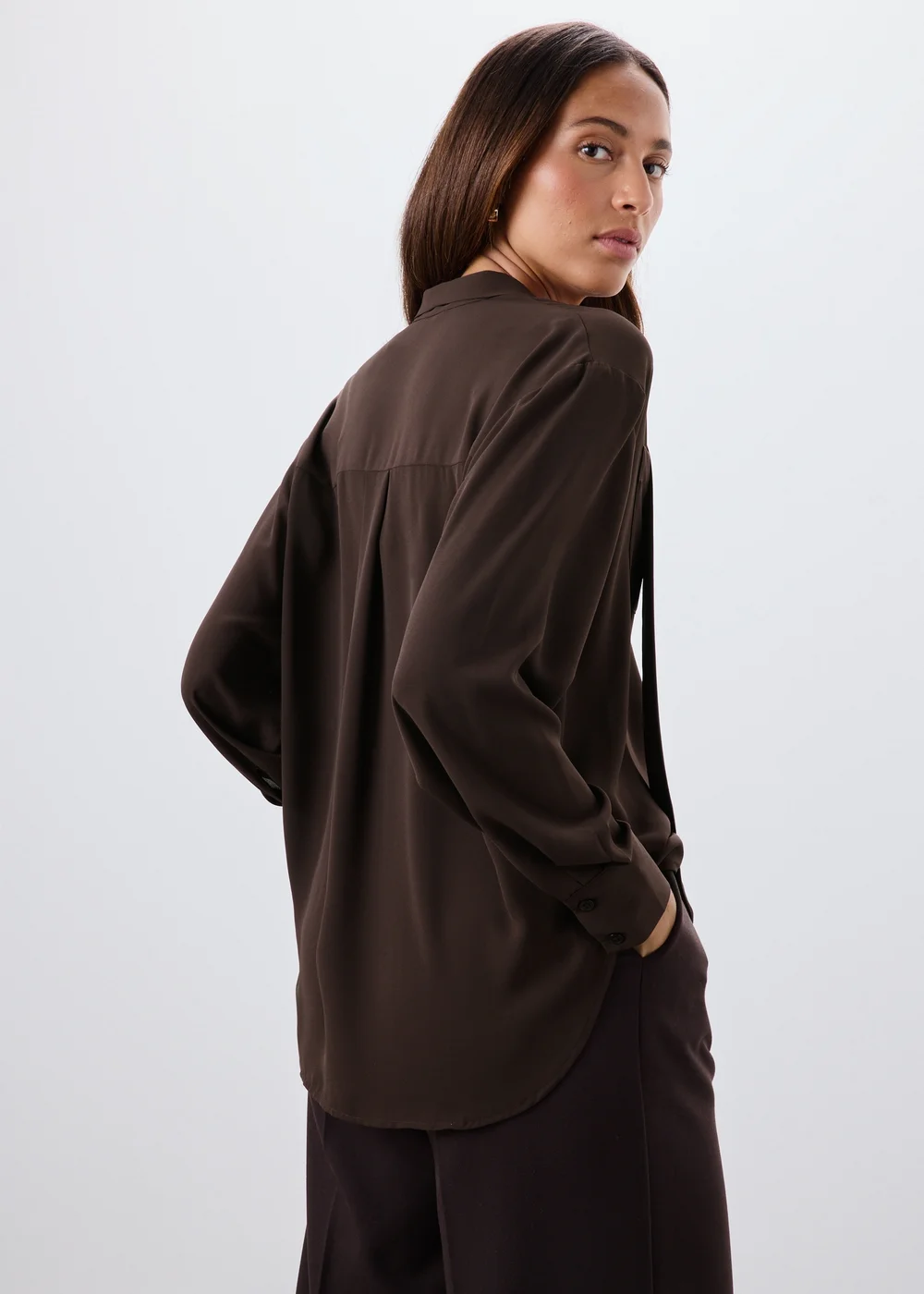 Chocolate Brown Tie Neck Pussy Bow Blouse - 10 Image 2
