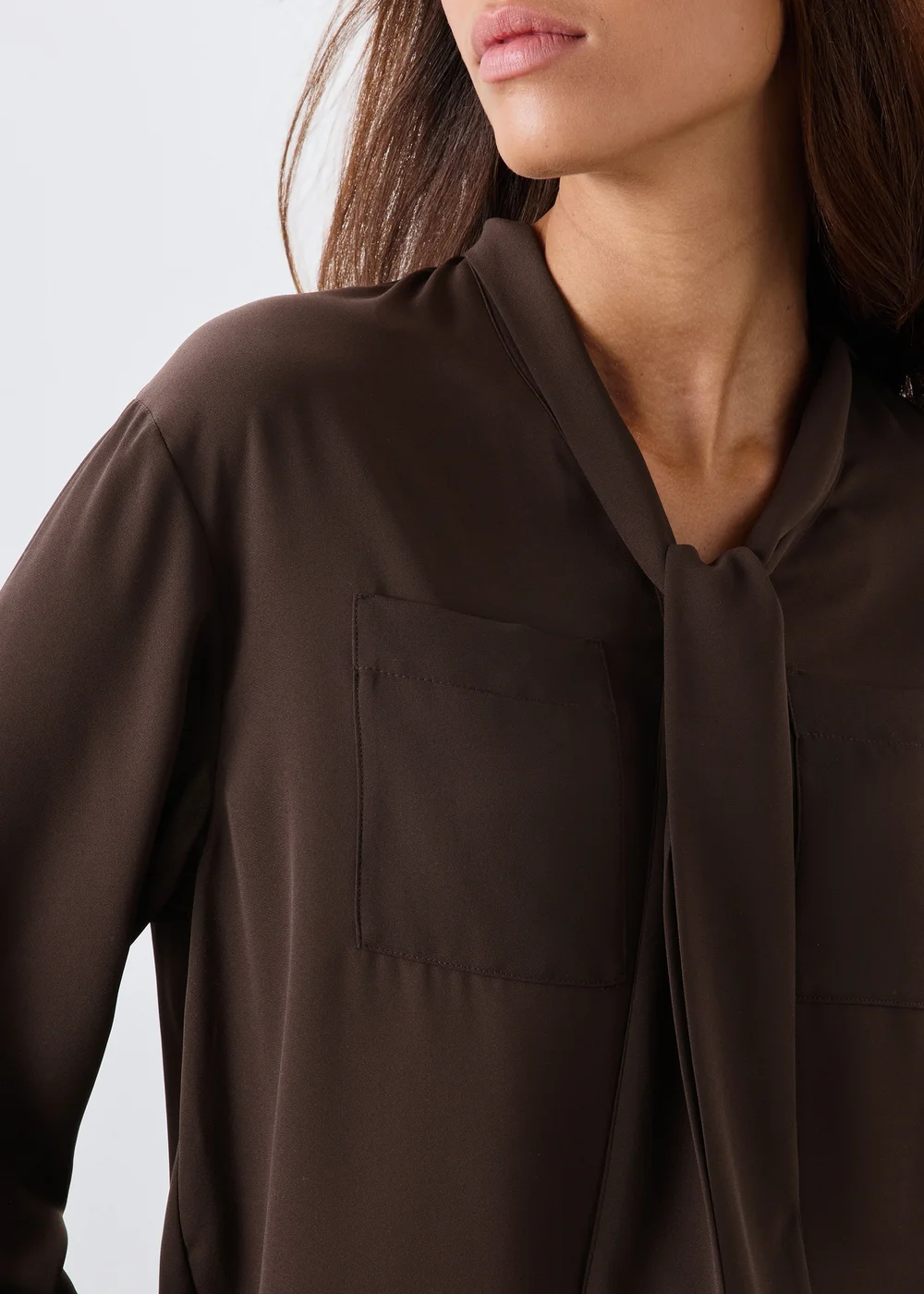 Chocolate Brown Tie Neck Pussy Bow Blouse - 10 Image 3
