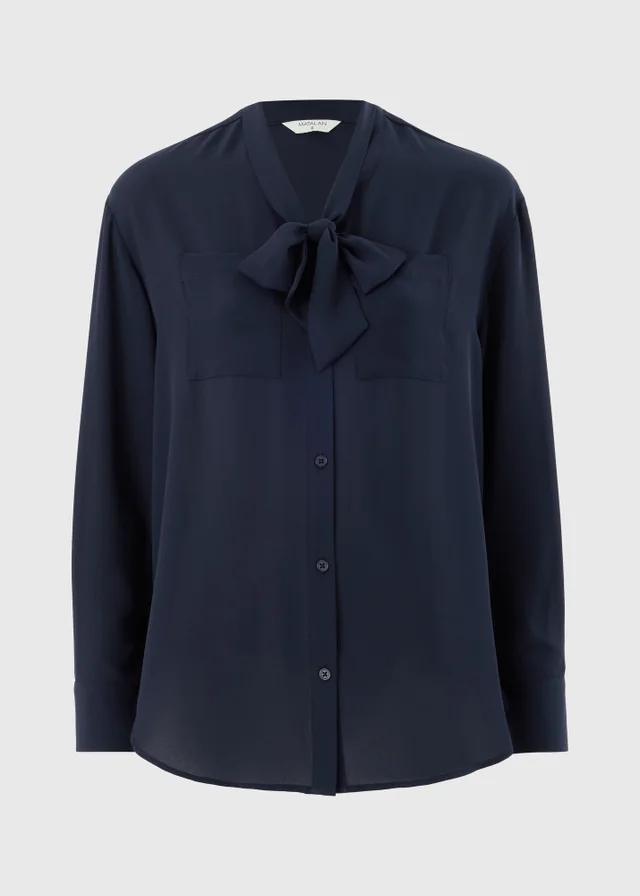 Navy Tie Neck Pussy Bow Blouse