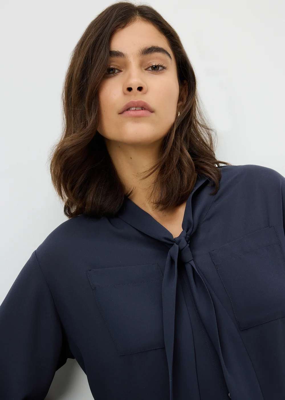 Navy Tie Neck Pussy Bow Blouse - 8 Image 1
