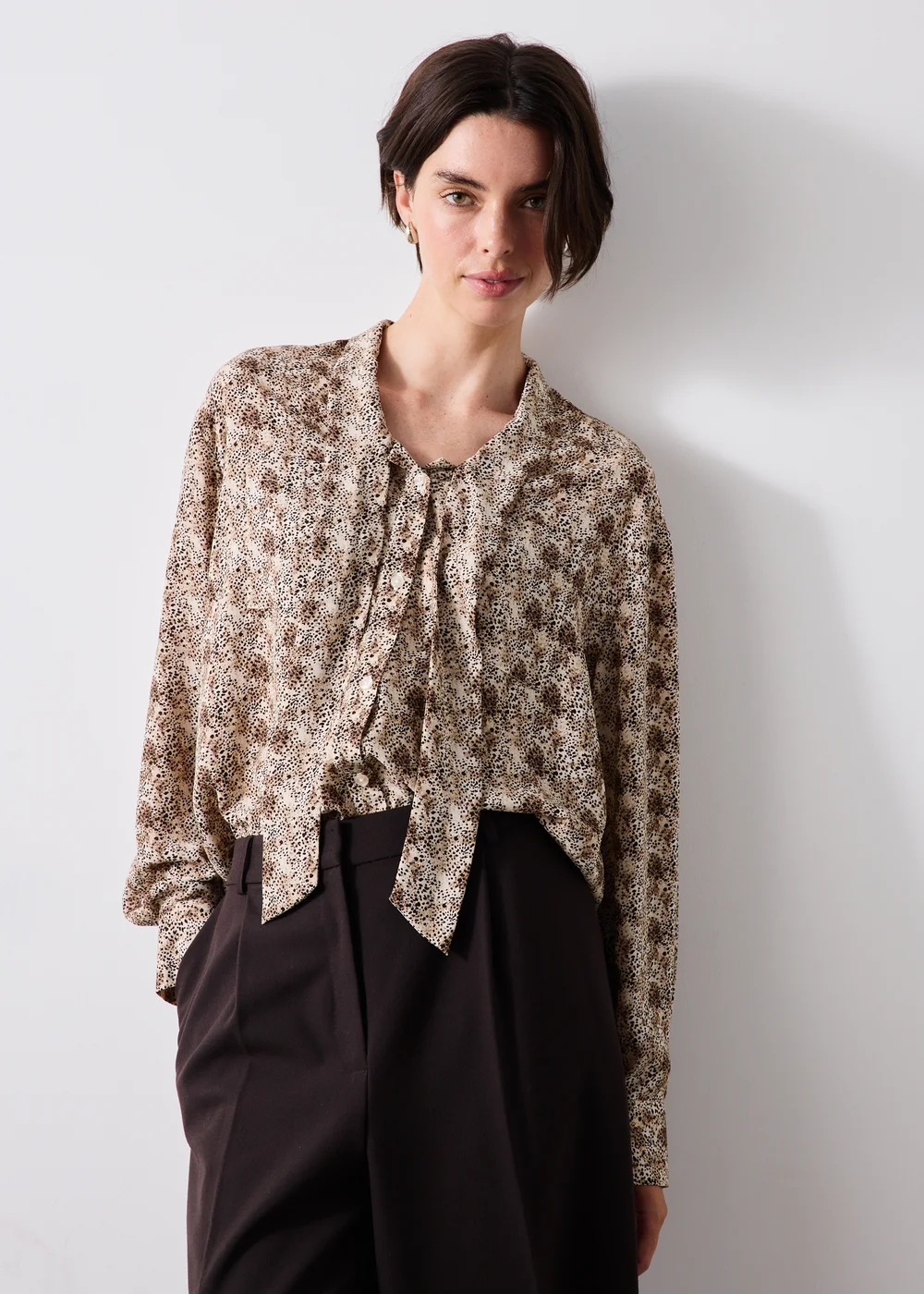 Brown Animal Neck Tie Blouse - 8 Image 1