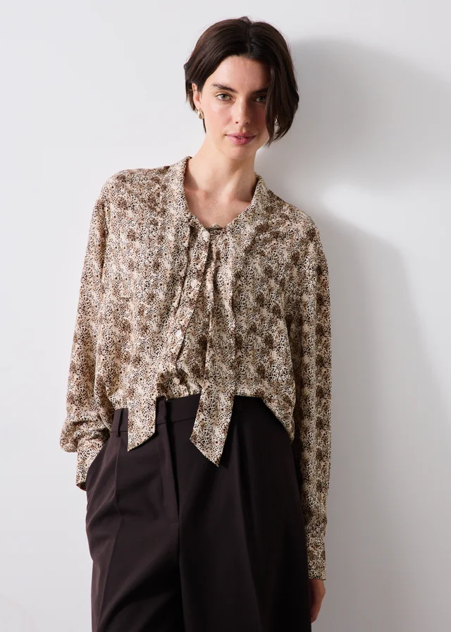 Brown Animal Neck Tie Blouse