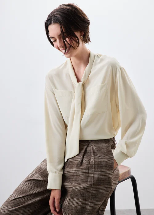 Cream Tie Neck Pussy Bow Blouse - 8 Image 1