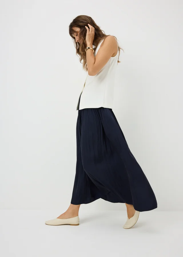 Navy Crinkle Satin Midaxi Skirt