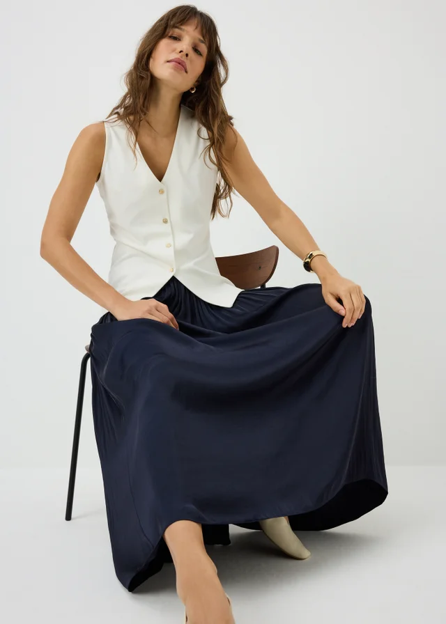 Navy Crinkle Satin Midaxi Skirt