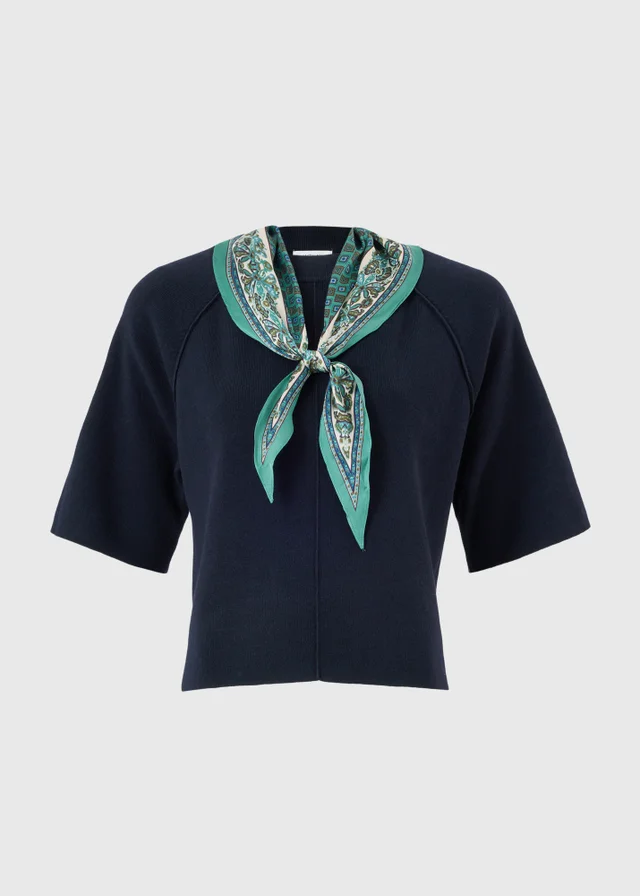 Navy Scarf Detail Ribbed Jumper