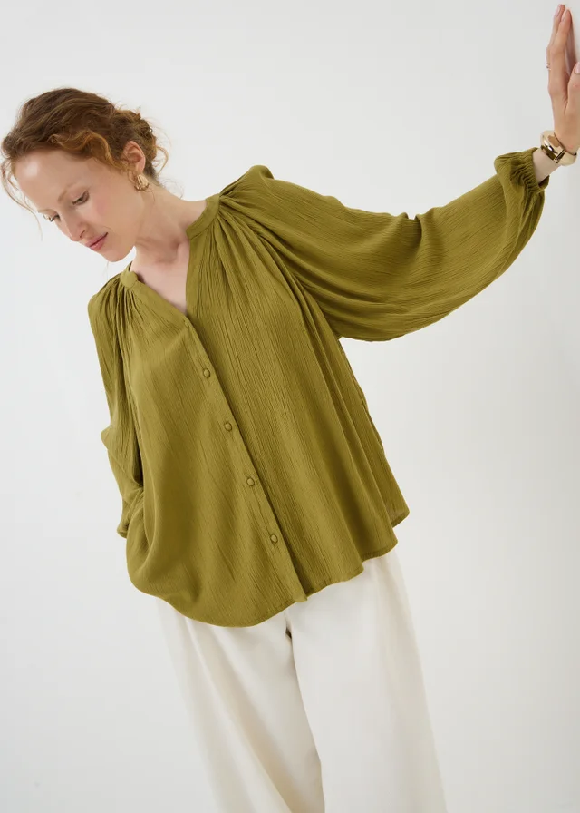 Lime Volume Sleeve Cheesecloth Blouse