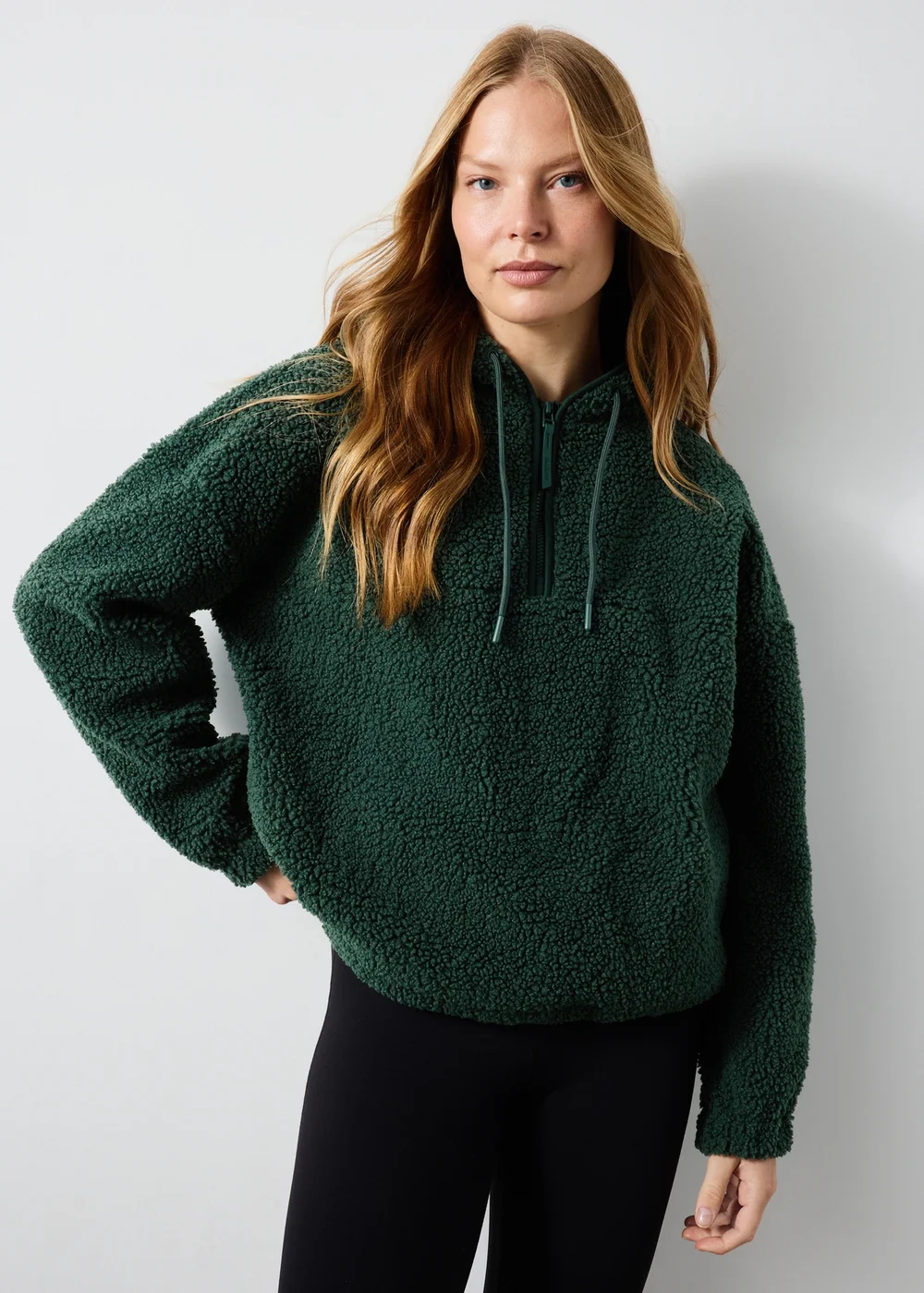 Souluxe Forest Green Borg Half Zip Hoodie - S Image 1