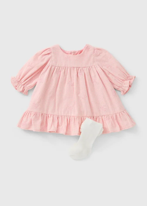 Pink Gingham Bow Dress & Tights (0-23mths) - Up to 1 Month Image 1