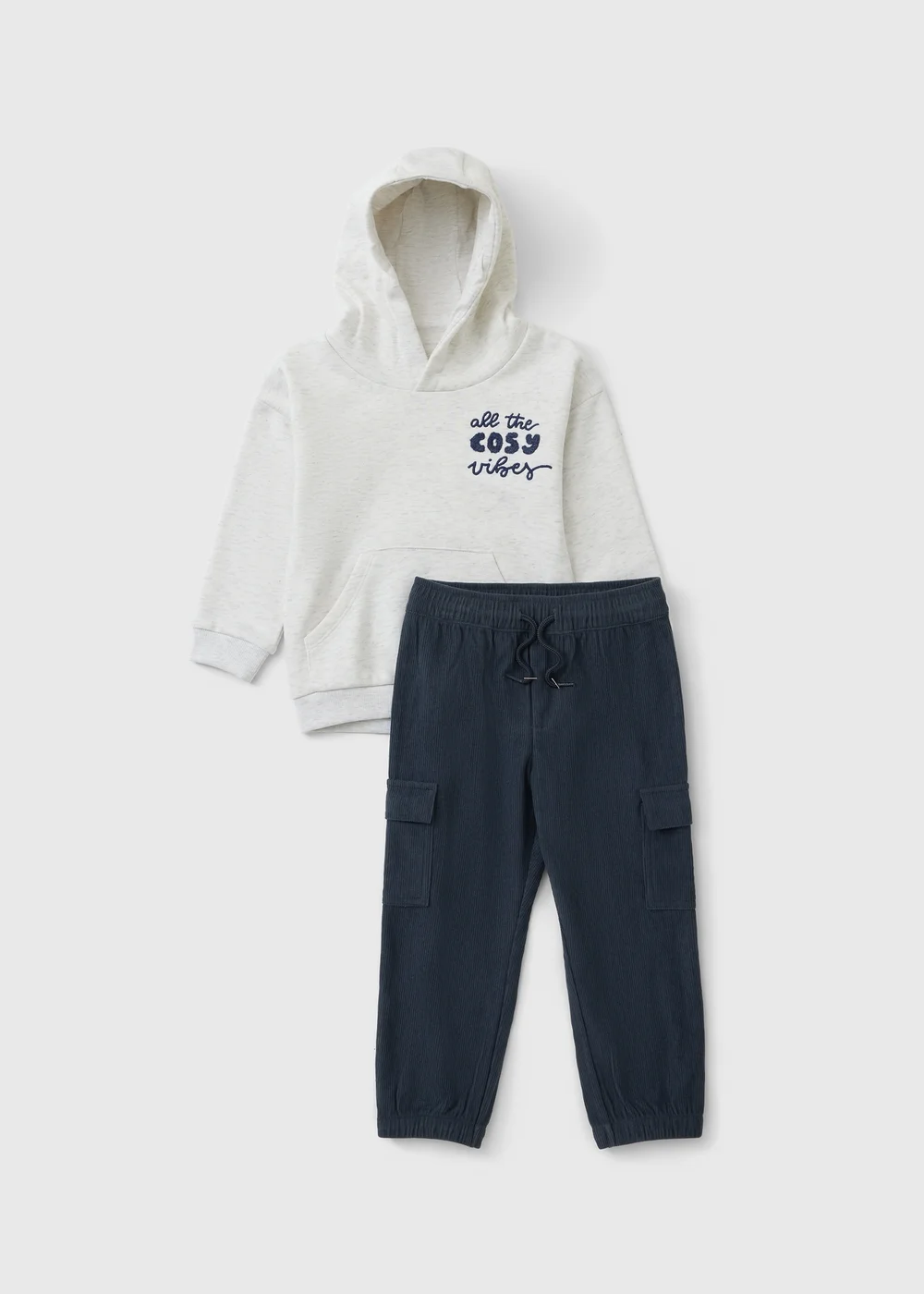 Boys Oatmeal & Navy Hoodie & Cargo Trousers Set (1-8yrs) - 1-1.5 Yrs Image 1