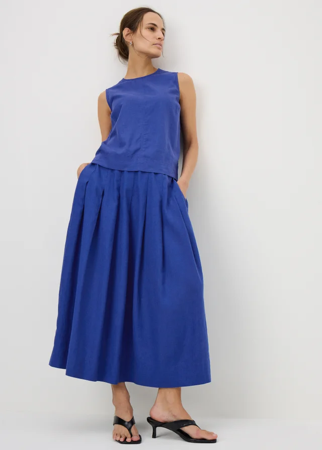 Blue Linen Blend Pleated Co Ord Midi Skirt